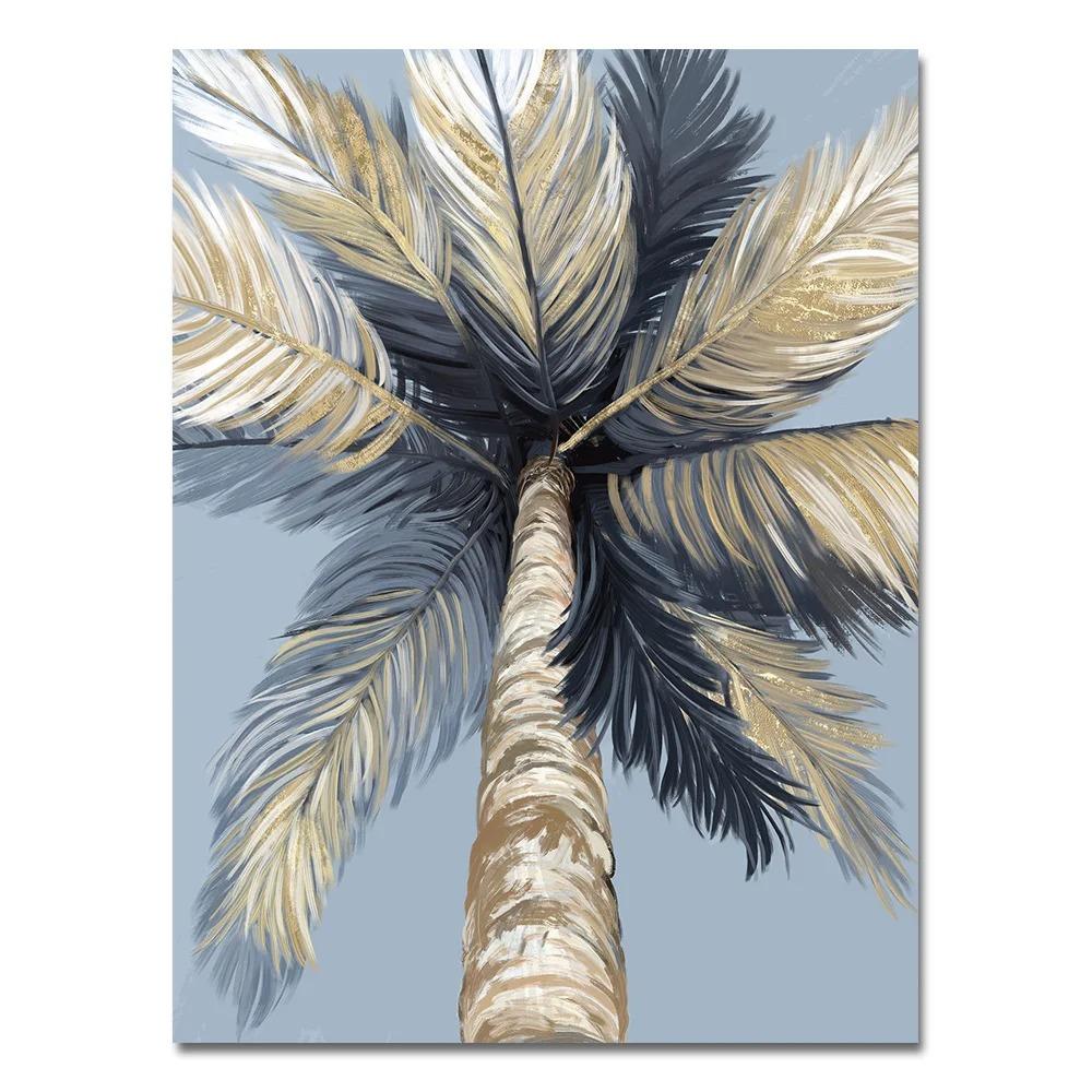 Póster de Hojas de Palma Doradas Abstractas Pintura en Lienzo de Plantas Nórdicas Naturaleza Muerta Arte de Pared Imágenes para Sala de Estar Decoración Interior del Hogar