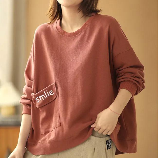 Spring and Autumn Cotton Sweater Pockets Loose All-match Round Neck Bottoming Top Women