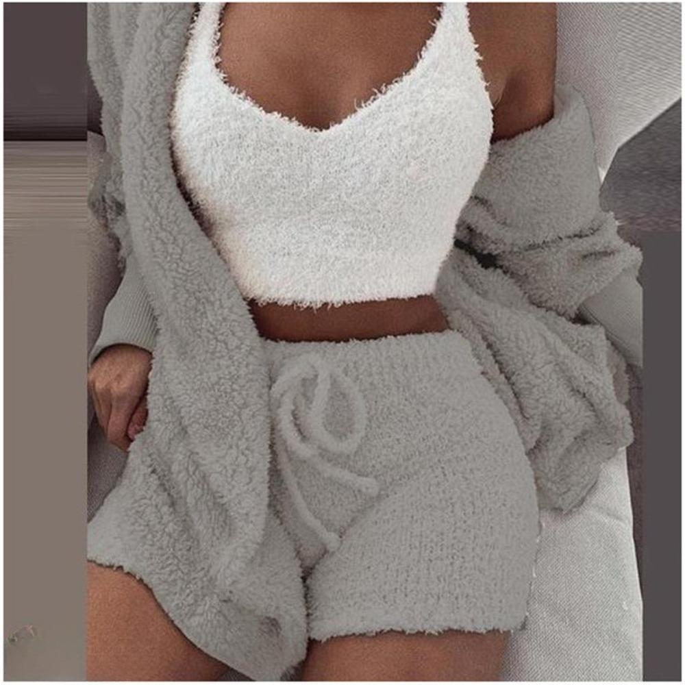 Women's Loose Fit Three Piece Loungewear Long Sleeve Fuzzy Cardigan V Neck Tank Drawstring Waist Shorts Winter Solid Tracksuit