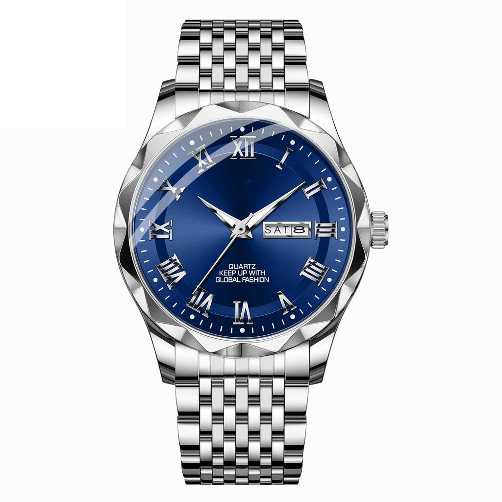 Men Waterproof Wristwatch Business Dual Calendar Luminous Roman Scale Dial Quartz Watch