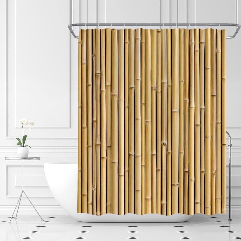 Wasserdichter Duschvorhang mit natürlichem Bambusstock-Muster, 180x180cm - 3D-bedruckter Holztextur-Badevorhang für Öko-Dekor