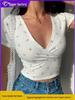 American Retro Floral V-Neck Slim Cropped Short-Sleeve Women's Top for Summer