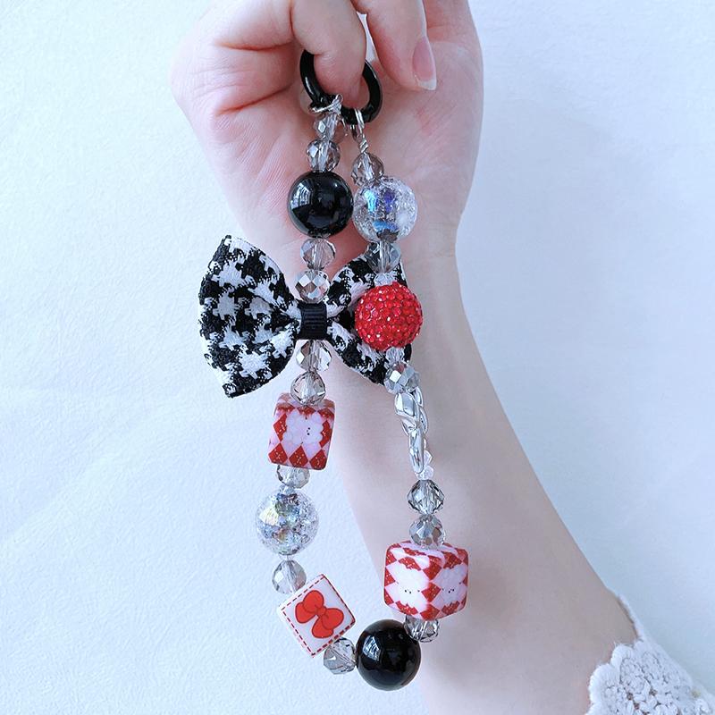 1Pcs Cute Phone Lanyard,Vintage Plaid Bow Beaded Chain for Phone Decor, Keychain for Purse Car Keys, Winter Autumn Charm Gift
