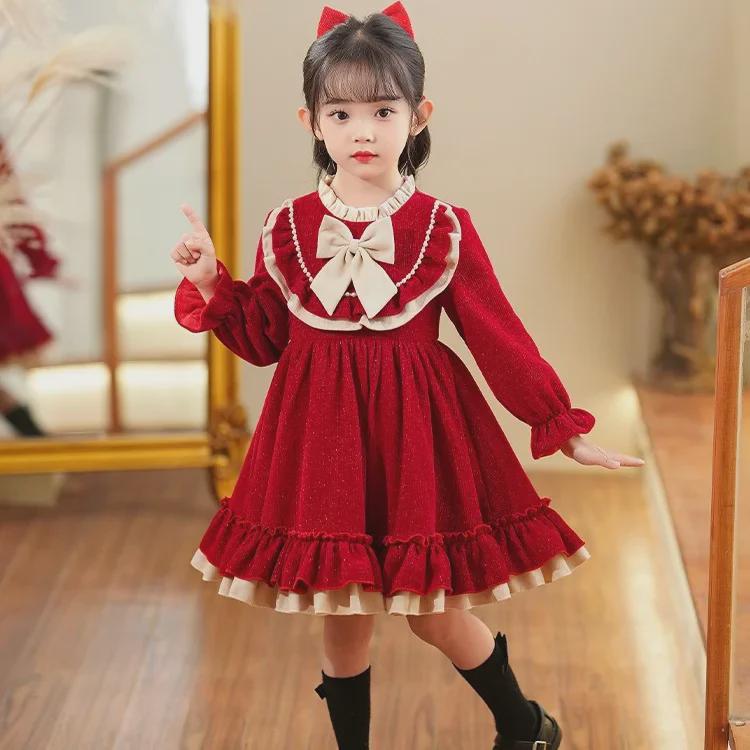 

Корейское платье принцессы с длинными рукавами на осень/зиму для девочек 1 года 120 cm красный