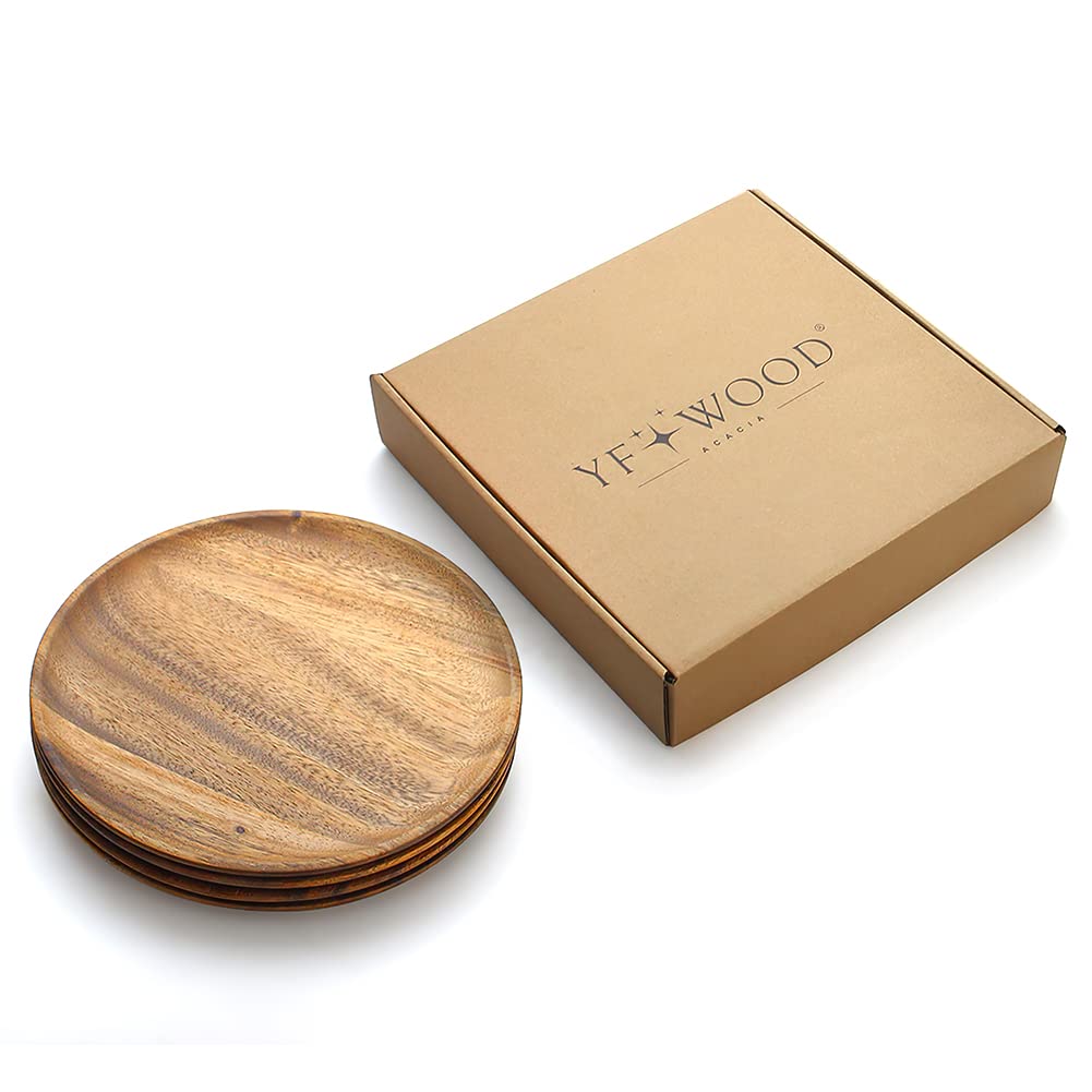 YFWOOD Lacquered Acacia Wood Plate Set, 4 Pieces, 27cm Diameter, Large Wooden Tray, Round Plate, Japanese Tableware, Grilled Fish, Appetizers, Sweets,