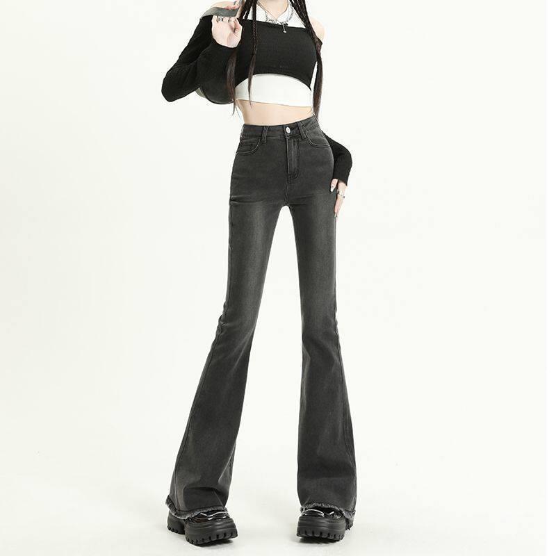 Ash Micro-Flare High-Waisted Slimming Jeans for Petite Women, Stretchy Raw Hem, Versatile for Spring and Autumn. S