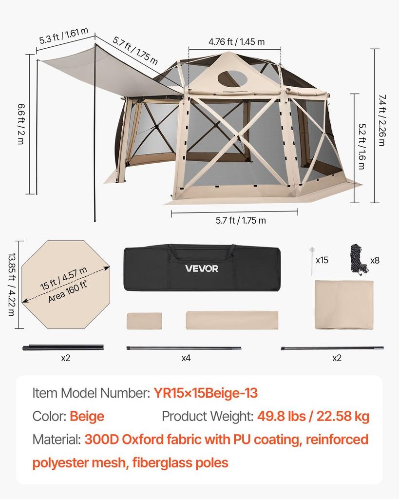 Pop up Gazebo Screen Tent, 4.57 x 4.57 m, 13-Sided Spherical Camping Canopy Tent with Removable Top & Carry Bag, Quick-Set & Bite-Proof, Screen House