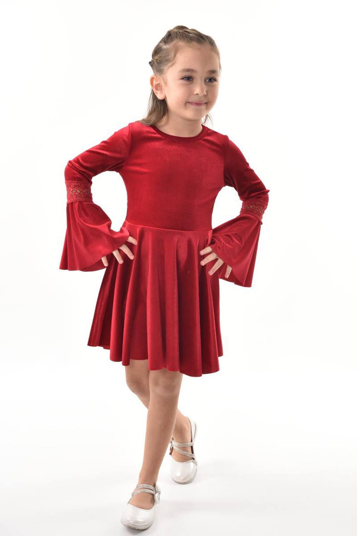 

Girl Child s Sleeve Guipure Detailed Spanish Leg Claret Red Velvet Dress 3-12Years