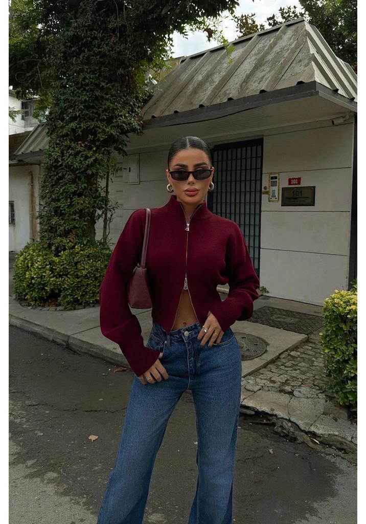 European & American Style Knit Zipper Cardigan: Women's Half-high Collar, Loose Long Sleeve, Cropped Soft Fluffy Sweater.