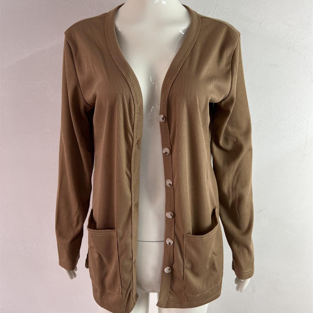 Sonbahar Kış Kadın Mont Kaburga Düğmeli Gevşek Örme Uzun Kollu Hırka Üst Kadınlar İçin Örme Ceket