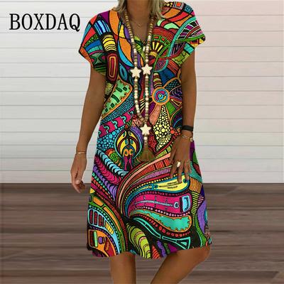 Rainbow Abstract Painting Women Dress Elegant Fashion 3D Print Short Sleeve Party Dresses Summer Casual Loose Oversized Clothing