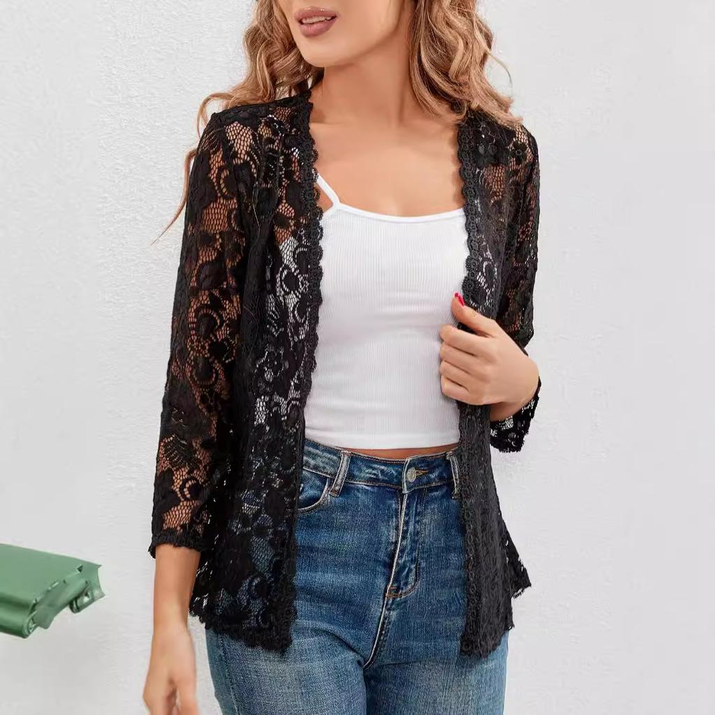 New Loose and Versatile Plus-size Sun-protective Lace Top with A Cut-out See-through Cardigan