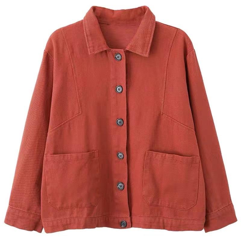 Spring and Autumn Cotton Long-sleeved Jacket Women's Literary Loose and Thin Lapel Short Top