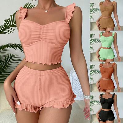 2 Adet/Takım Kadın Yazlık Pijama Takımı Büzgülü Düşük Kesim Düz Renk Kolsuz İplik Elastik Kısa Kırpılmış Üst Yüksek Bel Slim Fit Ev Giyim