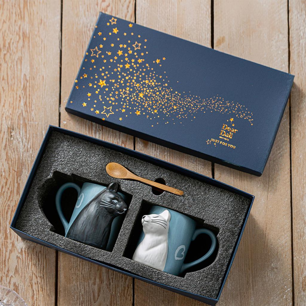 Couple Cat Mugs Gift Set, Ceramic Coffee Cups, Cute Birthday Present with Gift Box