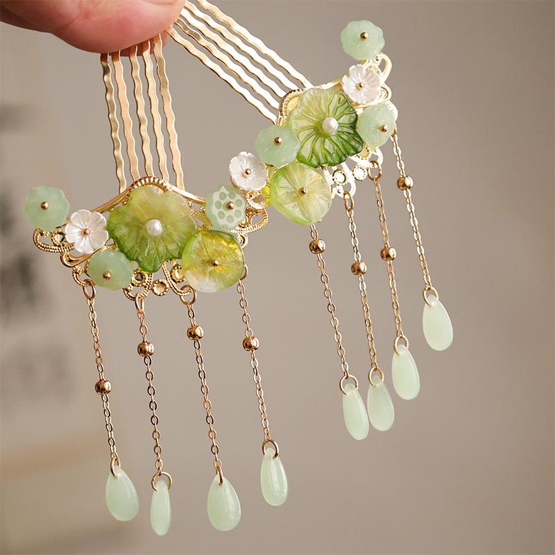1/2Pcs Chinese Lotus Leaf Flower Hairpin Alloy Jewelry Hair Stick Trendy Long Tassel Hairpin For Women Girls Hair Accessory