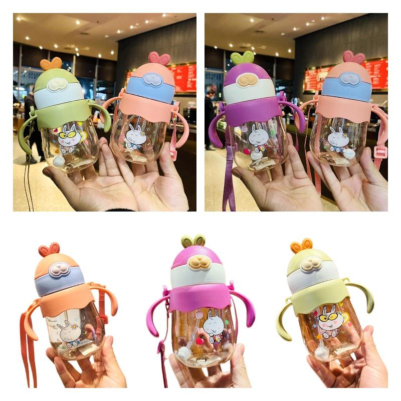 Neuer Kinder-Trinkbecher mit Strohhalm, Griff und Schultergurt, PC-Material, 450 ml, Lila/Rosa/Grün