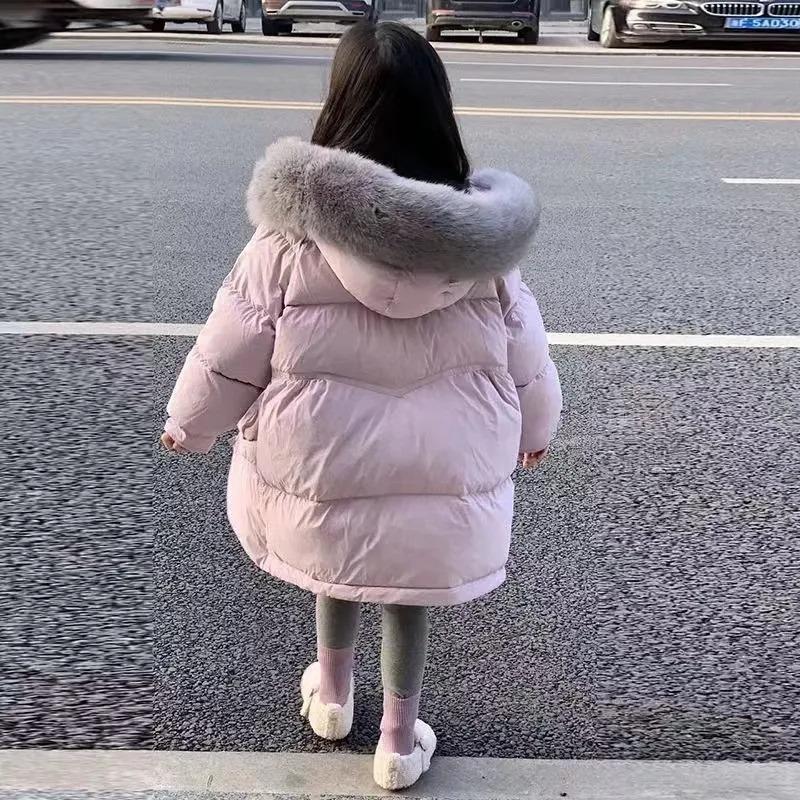 Winter Girls Jacket Long Solid Color Thick Warm Big Fur Collar Hooded Zipper Coat Teen Kids Parka