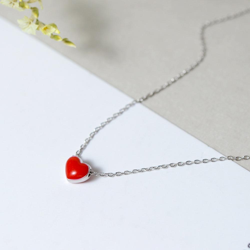 925 Silver Plated Red Heart Necklace for Women Minimalist Heart Pendant Dainty Collarbone Chain