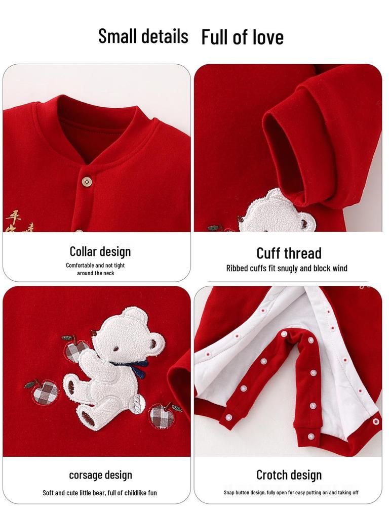 Premium Cotton Red Baby Romper - Thickened for Warmth, Perfect for Newborns in Autumn and Winter.