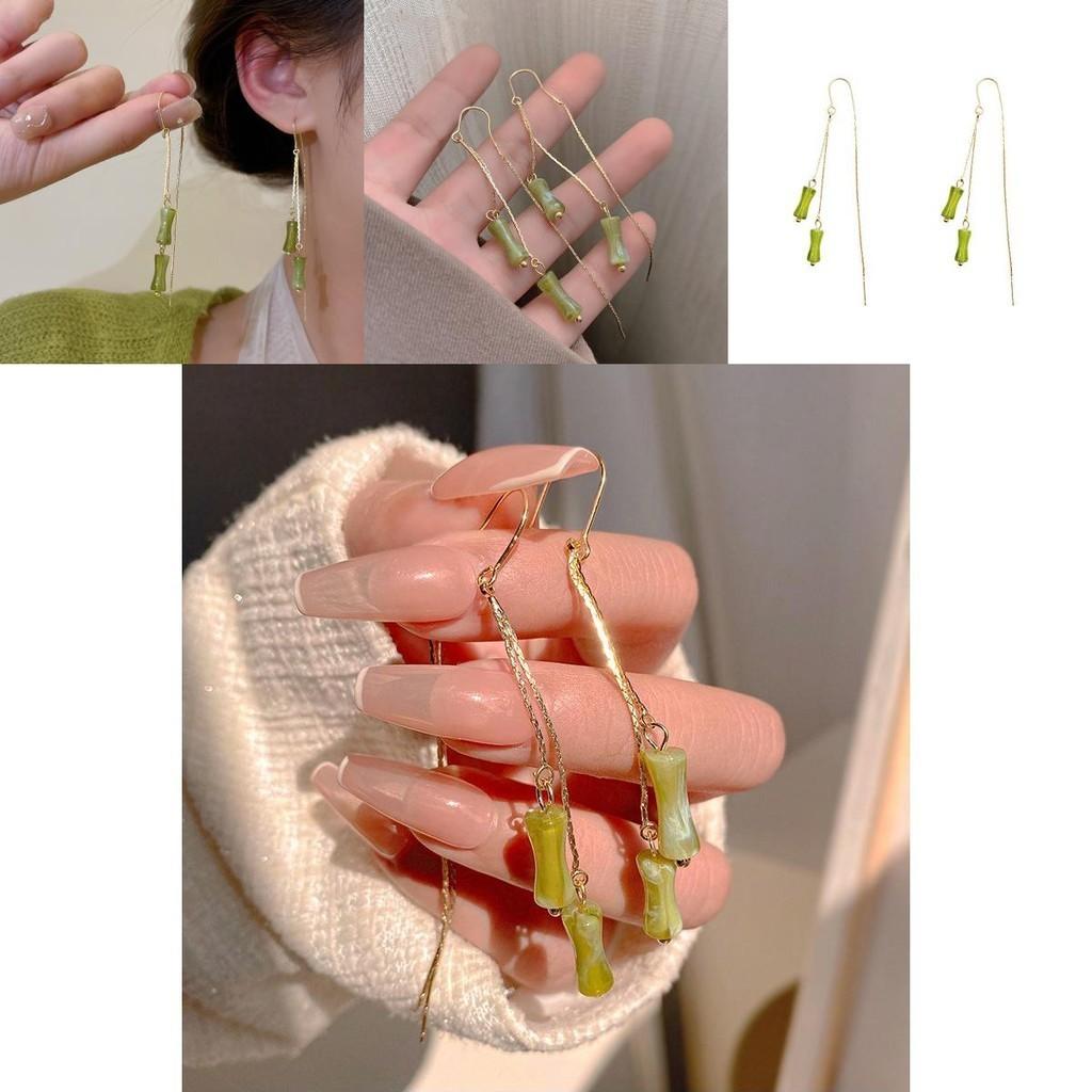 Vintage Bamboo Earrings Chinese Style Copper Ear Drops Long Fringe Green Bamboo Ear Thread