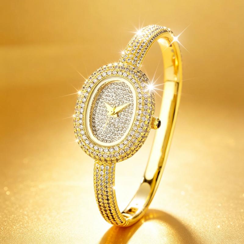 Högkvalitativ Retro Diamantarmbandsur För Kvinnor Lyxigt Ovalt Klocka Elegant Armband Smycken Dam Kvartsur Guld Silver Gåva