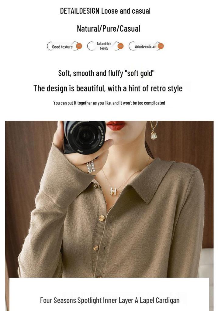 Women's Wool Cardigan with POLO Collar - Long Sleeve Sweater for Spring & Autumn
