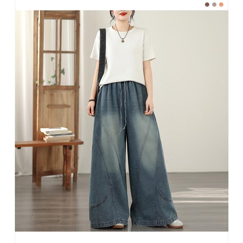 DIMANAF 2026 Sommer Neue Große Größen Damen Jeans Elastischer Bund Lange Hosen Blau Locker Lässig Denim Baumwolle Hosen Hosen