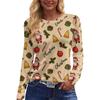 Women's Long Sleeve Christmas Tree Print Top with Side Slit Hem and Round Neck - Holiday Casual Blouse