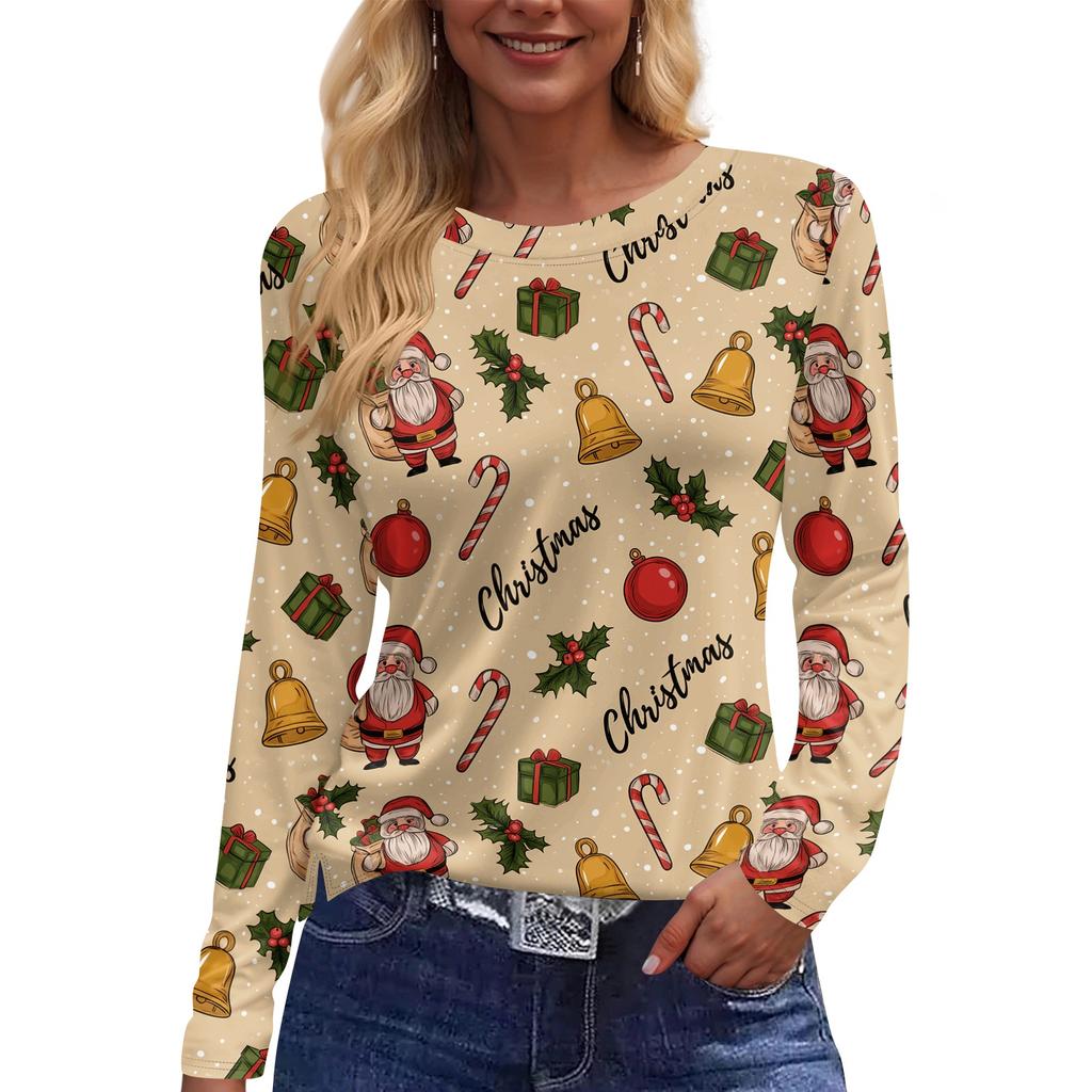 Women's Long Sleeve Christmas Tree Print Top with Side Slit Hem and Round Neck - Holiday Casual Blouse