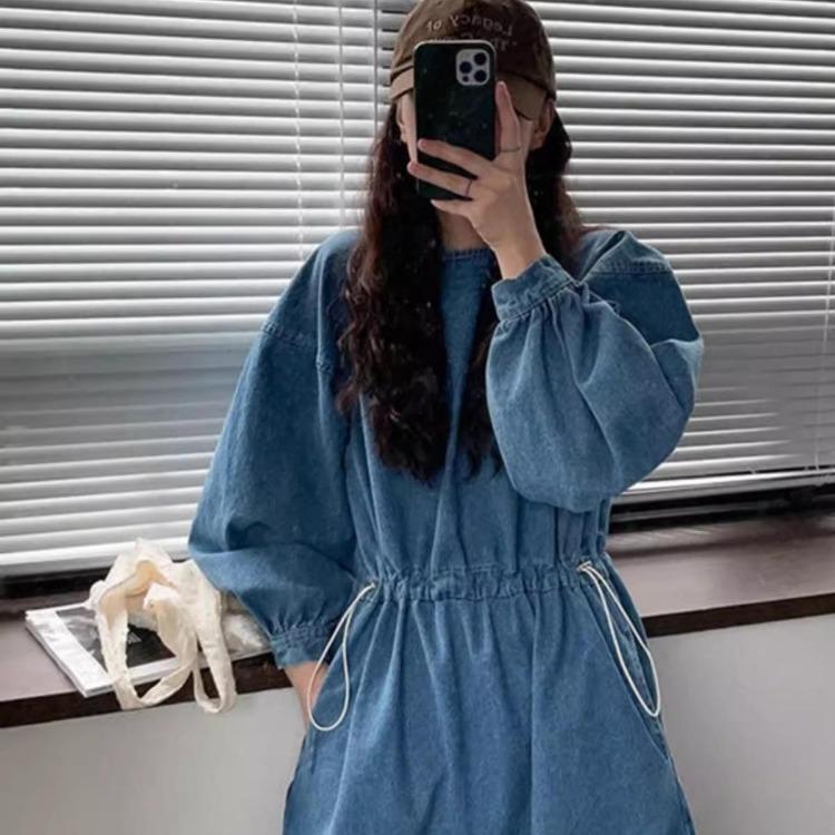Retro Style Loose Large Size Dress Long Sleeve Waist Drawstring Strap Spring Autumn
