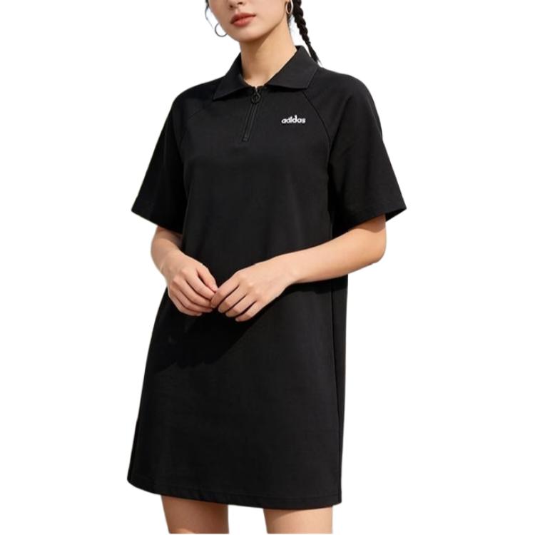 adidas Casual Breathable Solid Color Polo Short Sleeve Dress Women Dresses Black JI5651