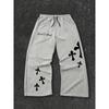 Men's Cross Pattern Letter Printed Drawstring Waistband Casual Black Sports Pants, Fashionable Straight Tube Streetwear Design