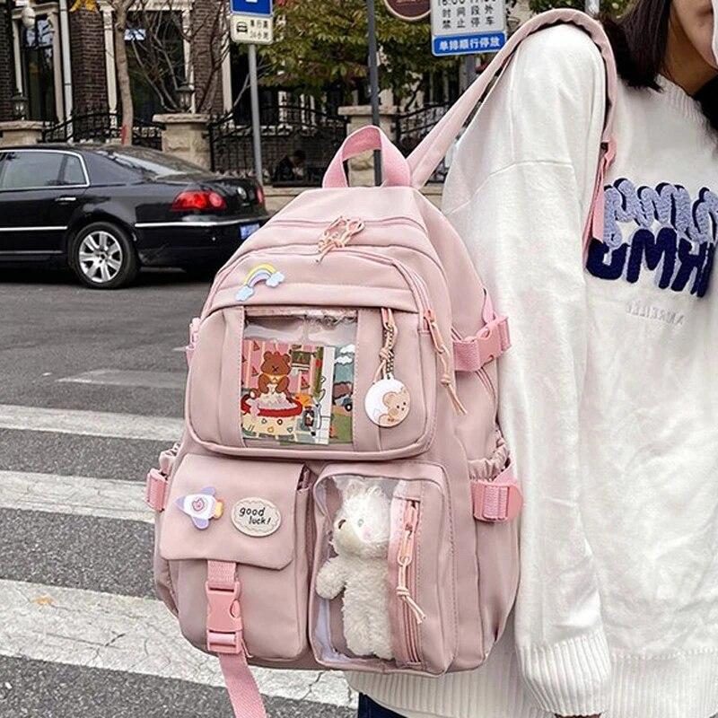 Kawaii Multi-Pocket Waterproof Nylon School Backpack for Women and Girls Cute Laptop Book Pack for Students