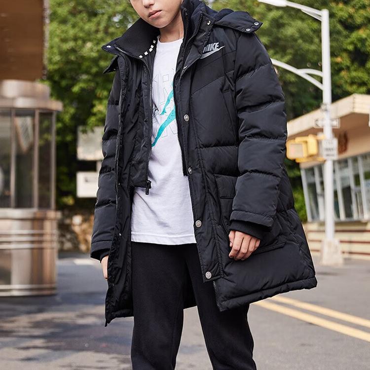 Nike Down Jacket Logo Print Warm Mid-Length Zipper Hooded Coat Kids Outerwear Black NY2042166GS-001-F01