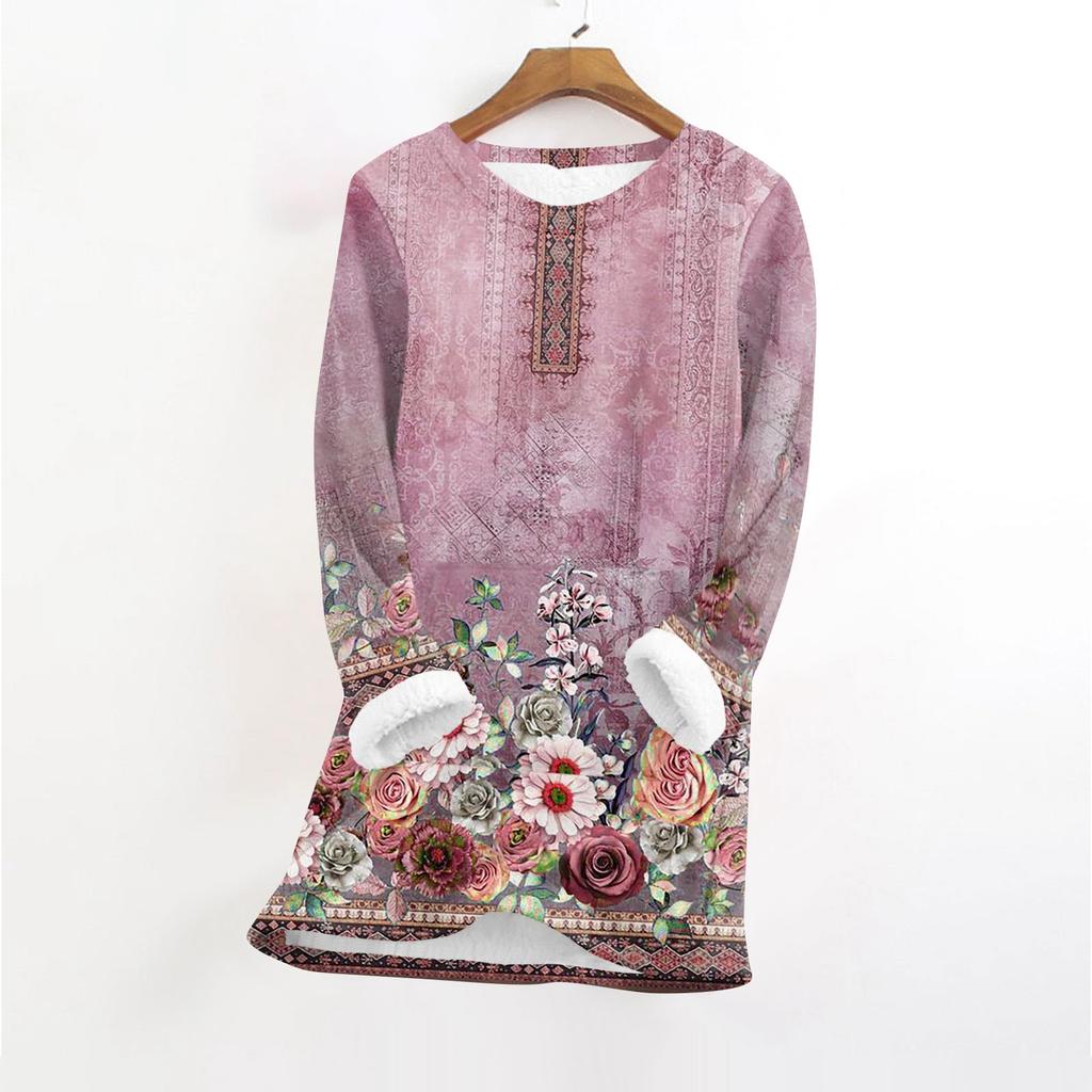 Women's Fashionable Printed Round Neck Long Sleeved Plush Warm Pullover Top