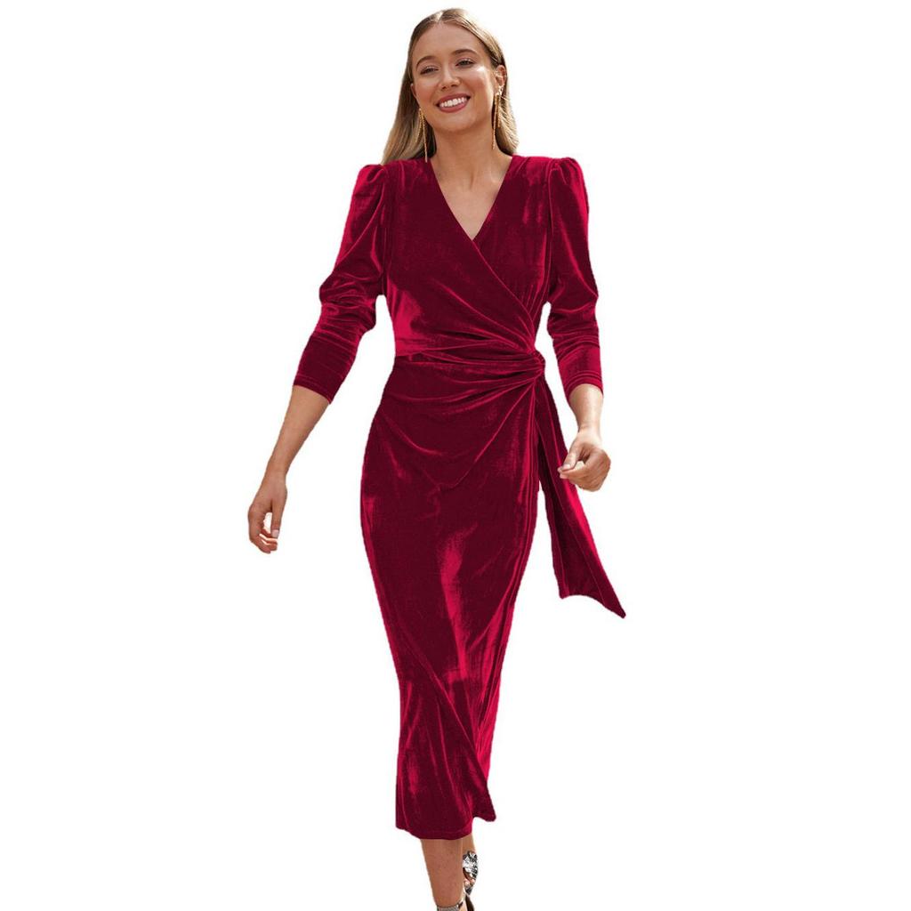 Kadın Bahar Gece Elbisesi Uzun Kollu Zarif V Yaka A-Line Yüksek Bel Kemeri Uzun Kadife Elbiseler Düz Renk