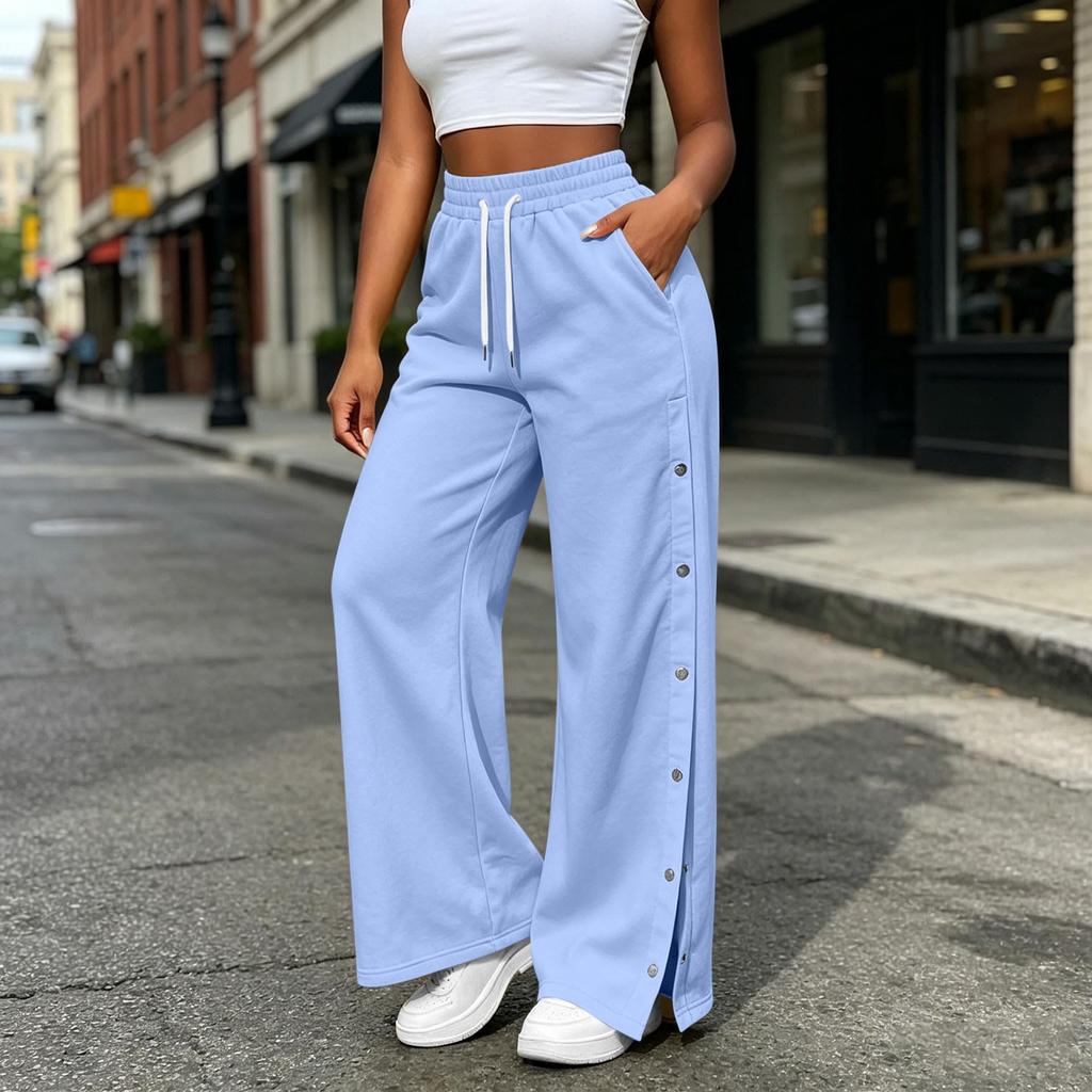 Women's Casual Color Wide Leg Pants with Side Buttons Loose Fit Trousers for Everyday Wear