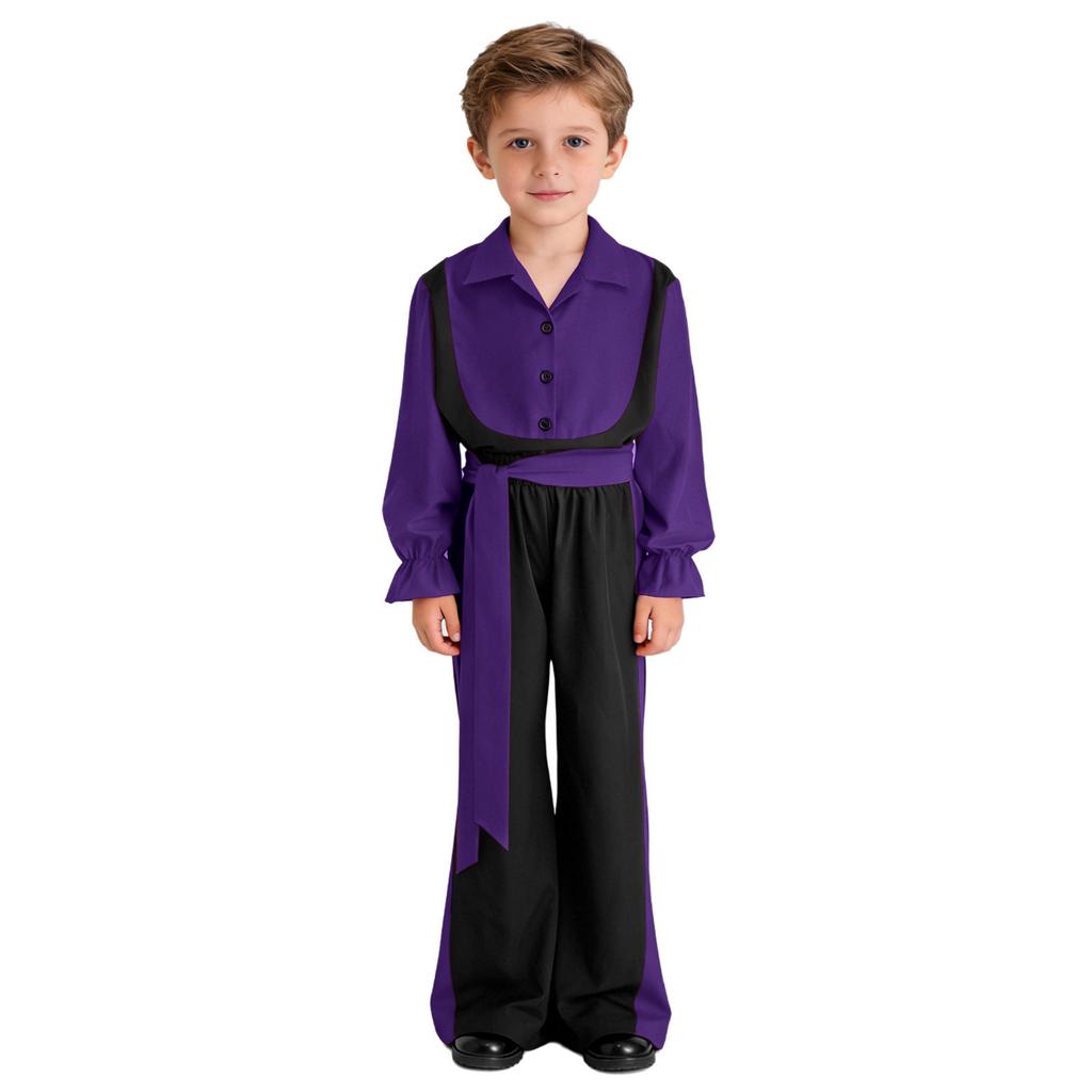 Chlapecký outfit na flamenco tanec Color Block Sklápěcí límeček Dlouhý naberaný rukáv Svetr Kalhoty s elastickým pasem Pásek