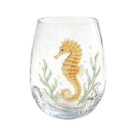 Clear Glass Cups for Party Stemless Wine Glasses with Marine Animal Pattern, 420ml Capacity, High Borosilicate Creative Gift Friends Cup, Round