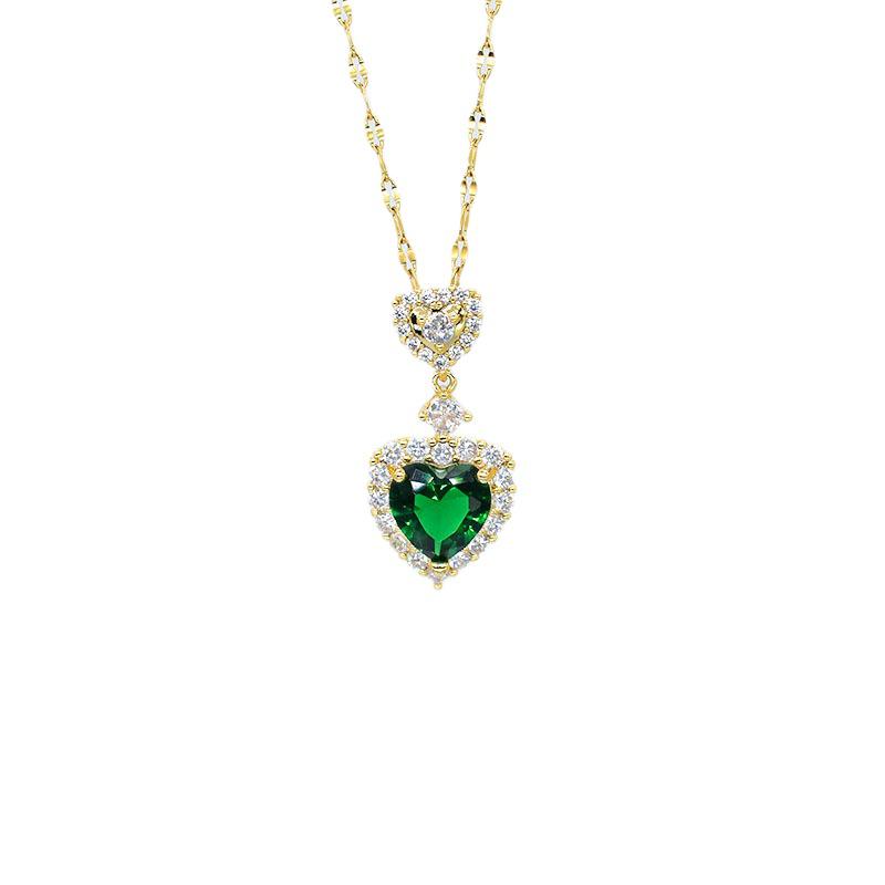 Korean Green Heart Necklace and Earrings Set - Green Zircon with Titanium Steel Clavicle Chain