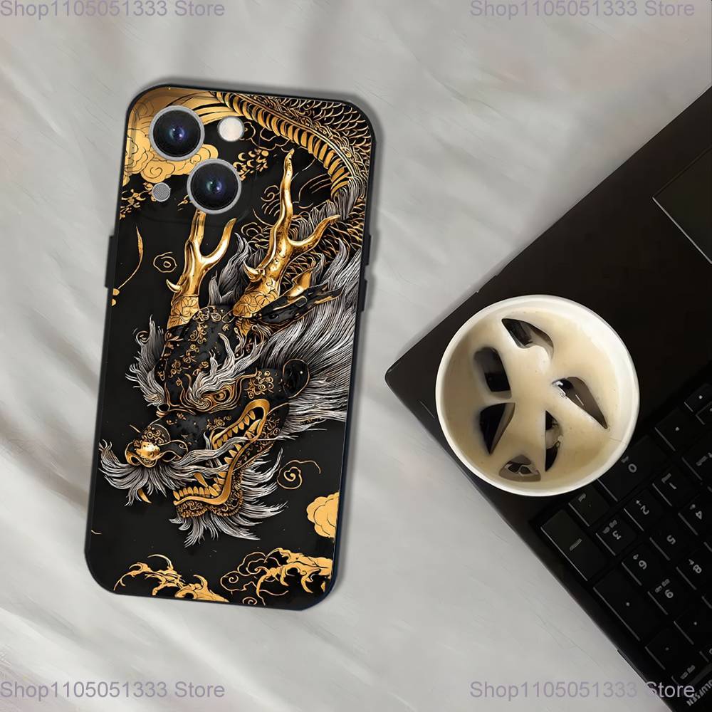 Luxury Dragon Totem Phone Case For iPhone 17,16,15,14,13,12,11,Pro,XS,Max,XR,Plus,E,SE4,Mini Black Soft Cover