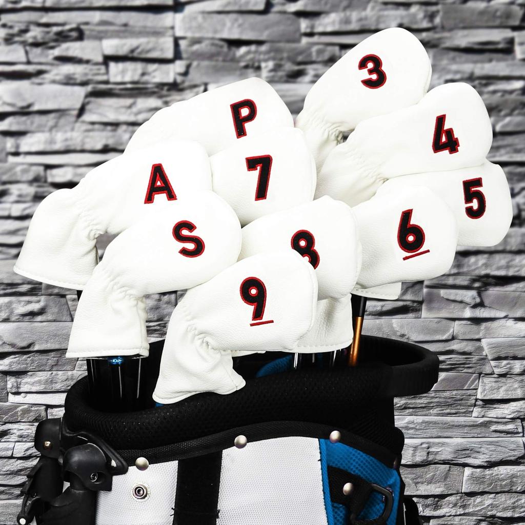 Golf head cover iron club set for men, left and right, 10 pieces (3-9, P, A, S) Red, number embroidery on both sides, white, synthetic leather, PU