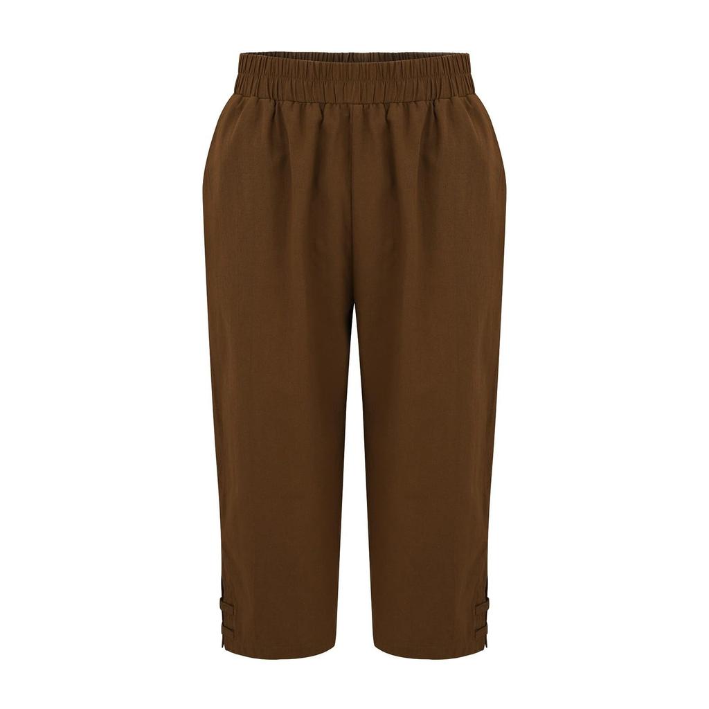 Women's Fashion Color Loose Pocket Elastic Waist Cotton Linen Casual Five Pants
