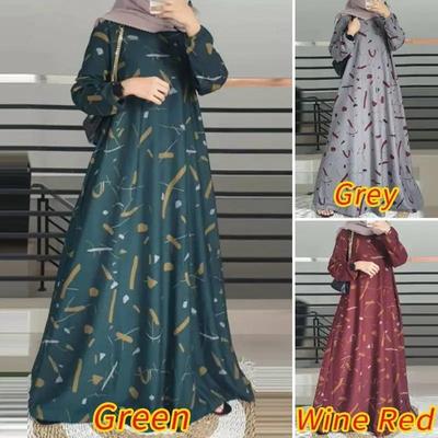 Spot Cross-Border New Printed Middle Eastern Muslim Malay Long-Sleeve Round Neck Dress
