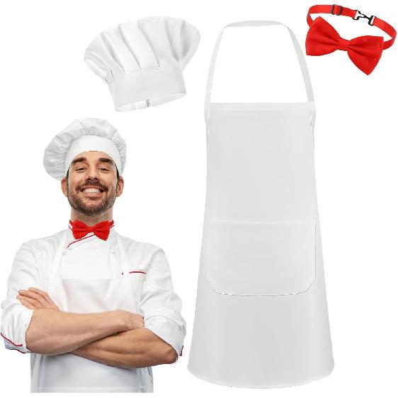 XLSXEXCL Chef Apron and Hat Adjustable White Kitchen Cooking Apron with Bow Tie Baker Chef Costume for Adults and Kids Adult