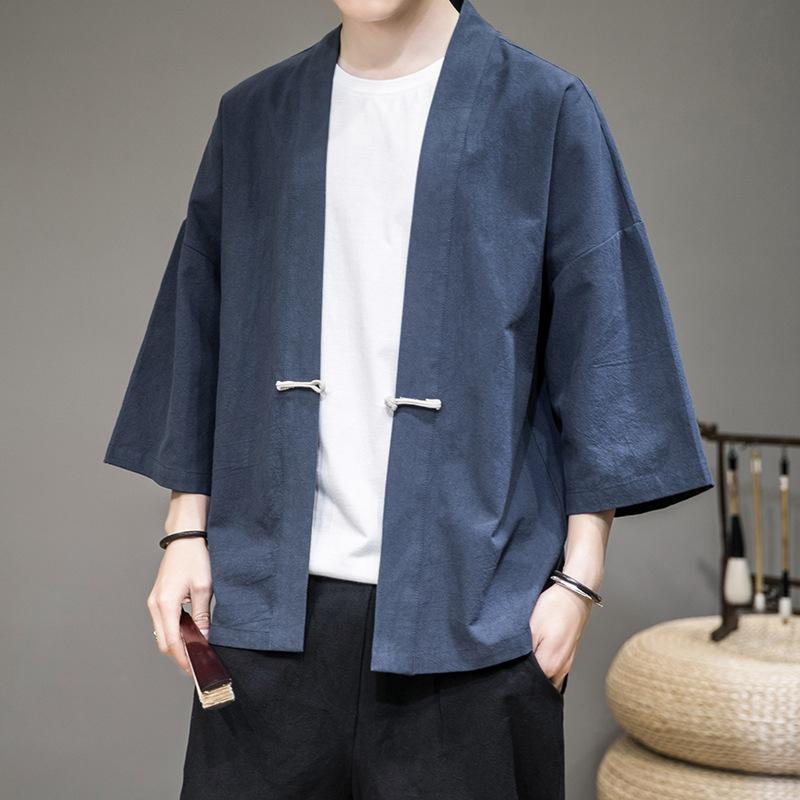 Costume Disc Buckle Hanfu Men Chinese Style Cotton Robe Cardigan Jacket Oversized Kimono Ancient Coat Male