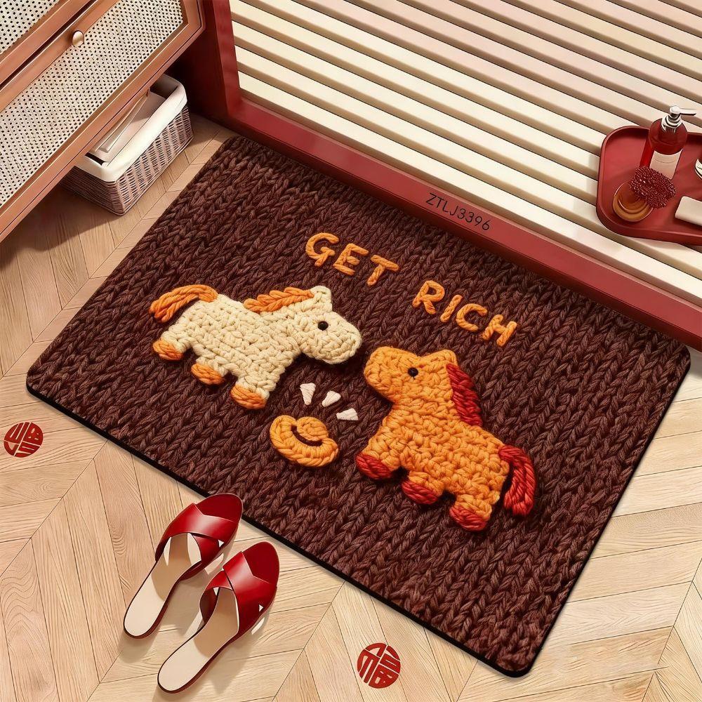 Cute Horse Pattern New Year Door Mat Red Non-slip Door Carpet Water Absorption Soft Blanket Home Decorations