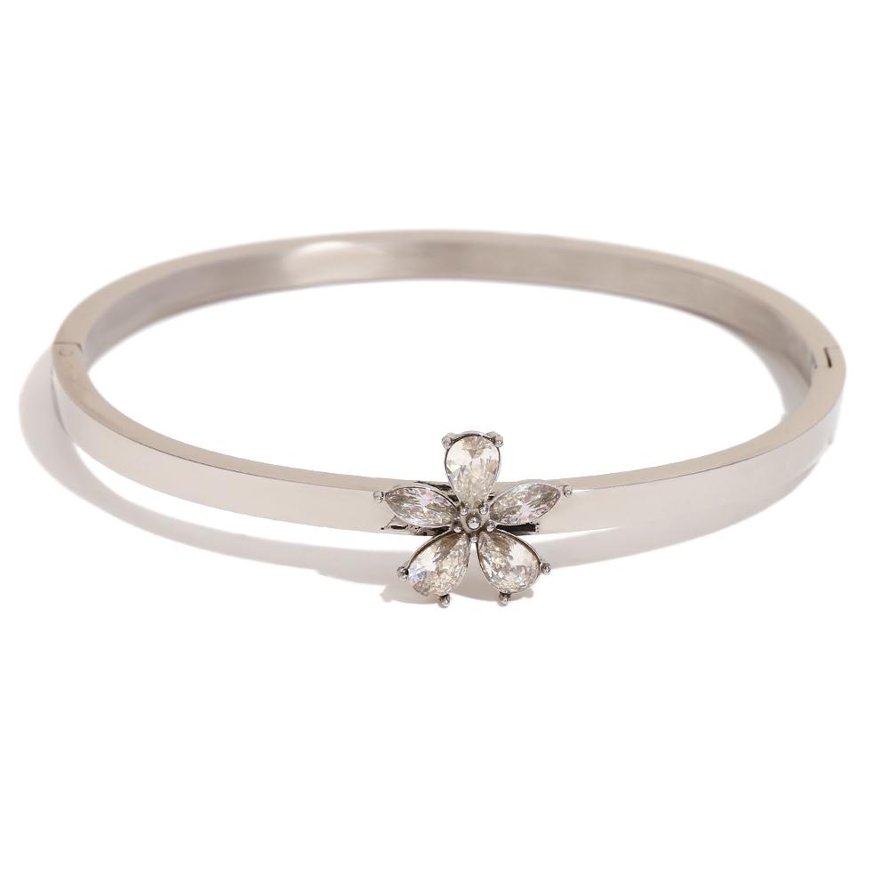

MamacitaSlay Elegant Zircon Flower 3.8mm Smooth Surface Can Be Opened bracelets Bangles trendy women s stainless steel jewelry серебряный
