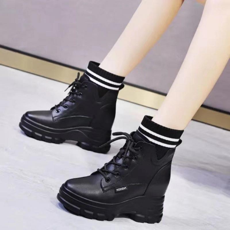 Fashion 9cm Genuine Leather Women Ankle Motorcycle Snow Booties Autumn Winter Warm Fur Plush Platform Wedge Women Fashion Shoes
